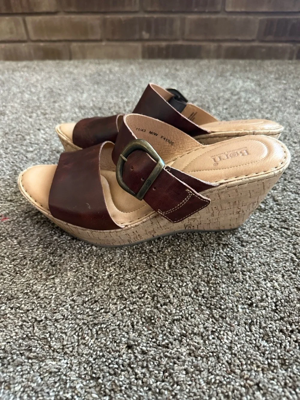 Born Emmy Brown Leather Cork Wedge Slide Sandals Size 11